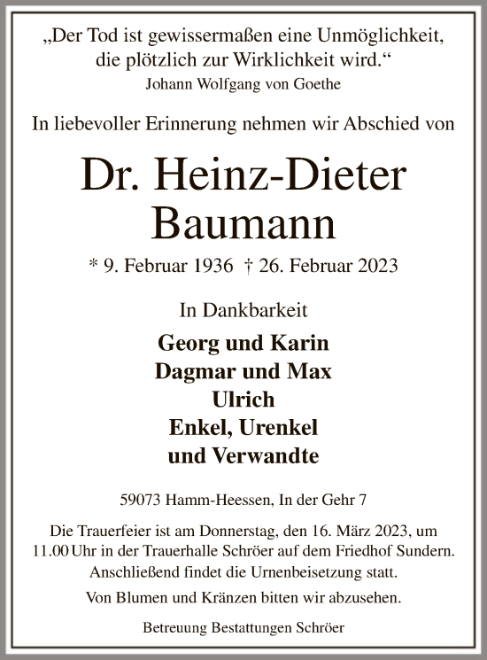 Traueranzeige von Heinz-Dieter Baumann von WA