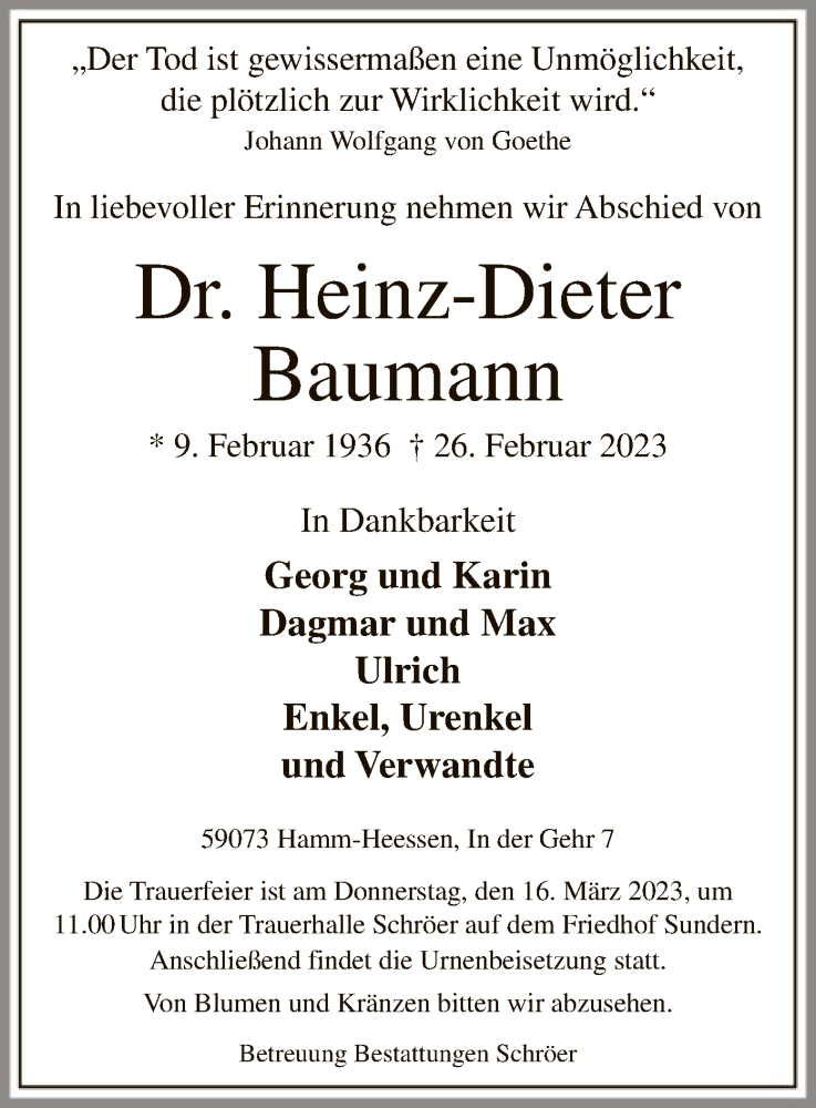  Traueranzeige für Heinz-Dieter Baumann vom 11.03.2023 aus WA