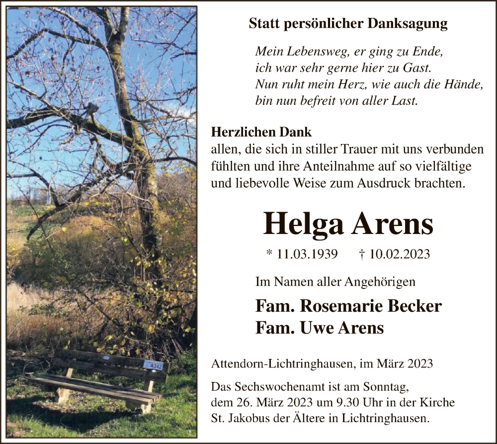  Traueranzeige für Helga Arens vom 18.03.2023 aus WA