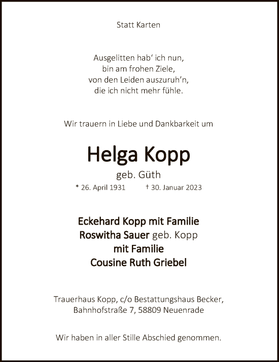 Traueranzeige von Helga Kopp von WA