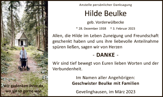 Traueranzeige von Hilde Beulke von WA