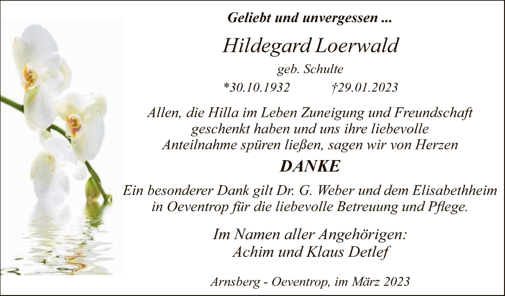  Traueranzeige für Hildegard Loerwald vom 11.03.2023 aus WA
