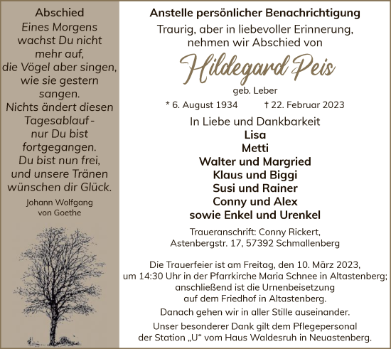 Traueranzeige von Hildegard Peis von WA