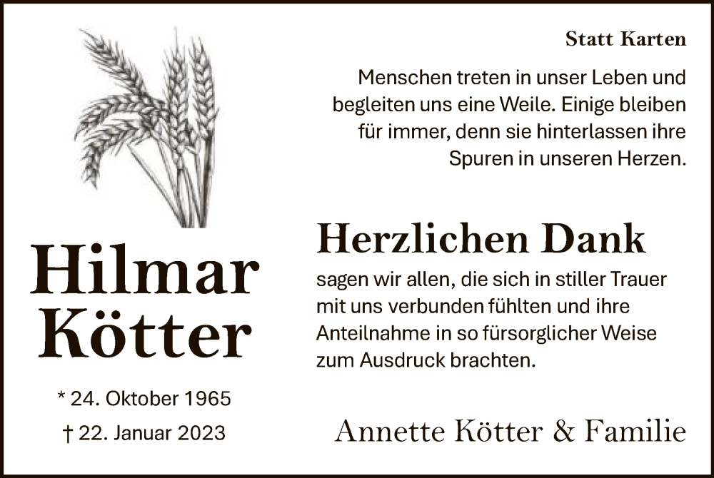  Traueranzeige für Hilmar Kötter vom 04.03.2023 aus WA