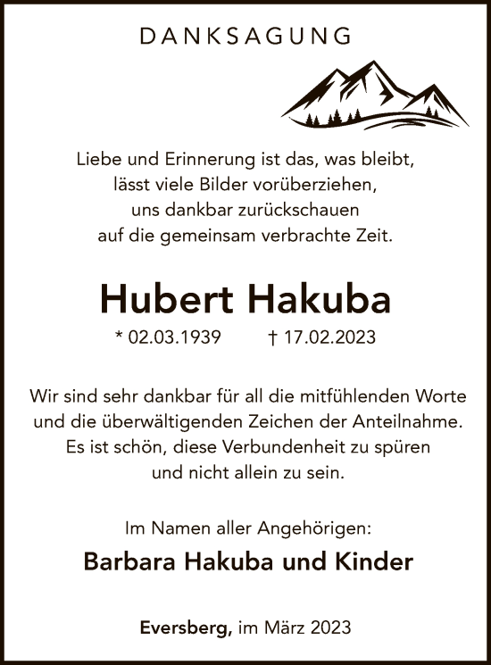 Traueranzeige von Hubert Hakuba von WA