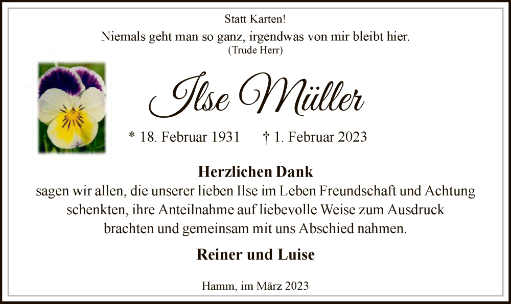  Traueranzeige für Ilse Müller vom 04.03.2023 aus WA