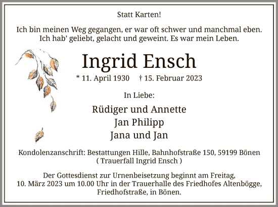 Traueranzeige von Ingrid Ensch von WA