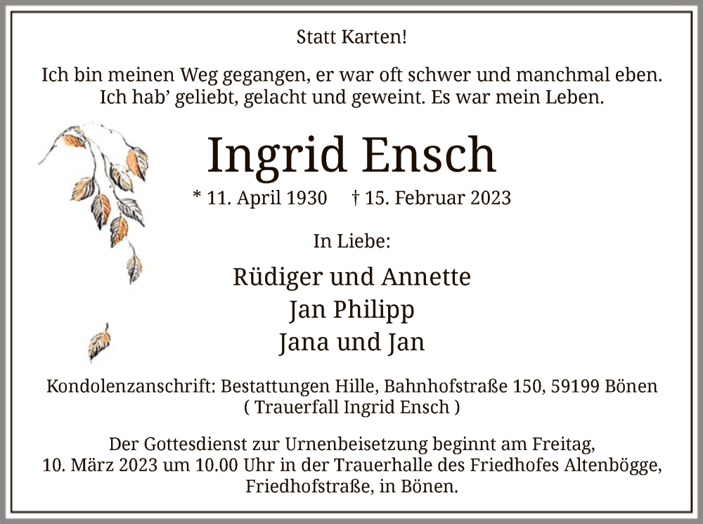  Traueranzeige für Ingrid Ensch vom 04.03.2023 aus WA