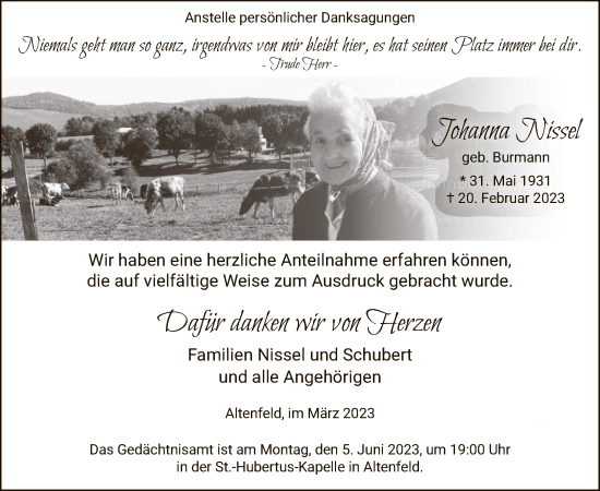 Traueranzeige von Johanna Nissel von WA