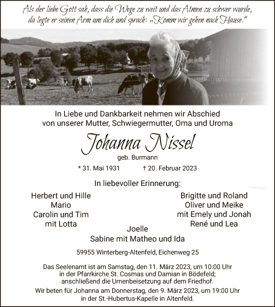 Traueranzeige von Johanna Nissel von WA