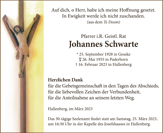 Traueranzeige von Johannes Schwarte von WA