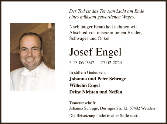 Traueranzeige von Josef Engel von WA