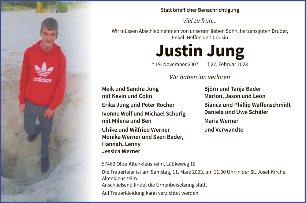  Traueranzeige für Justin Jung vom 04.03.2023 aus WA