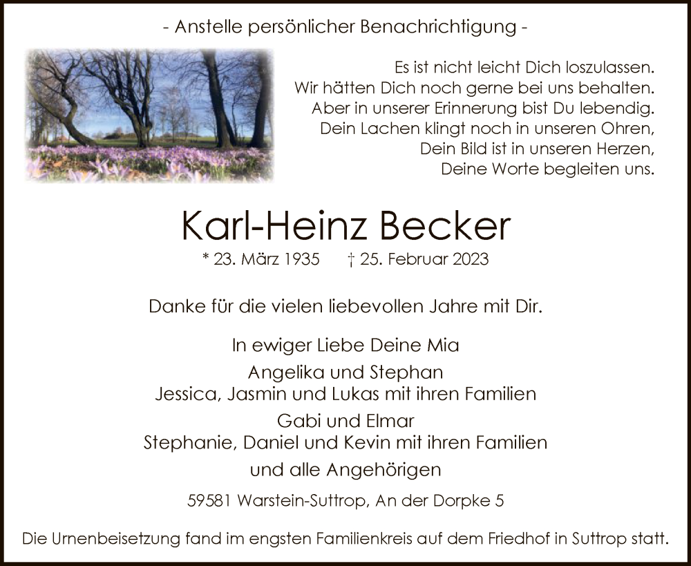  Traueranzeige für Karl-Heinz Becker vom 15.03.2023 aus WA