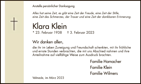 Traueranzeige von Klara Klein von WA