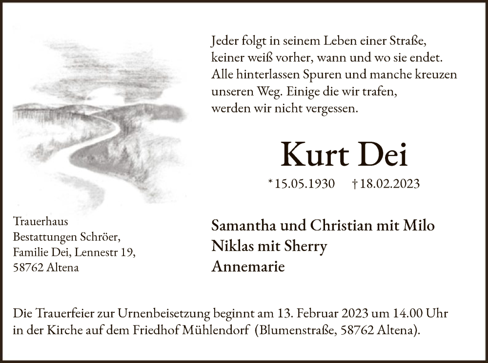  Traueranzeige für Kurt Dei vom 11.03.2023 aus WA