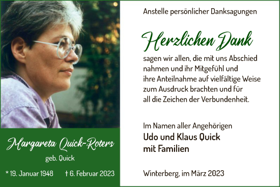 Traueranzeige von Margareta Quick-Roters von WA