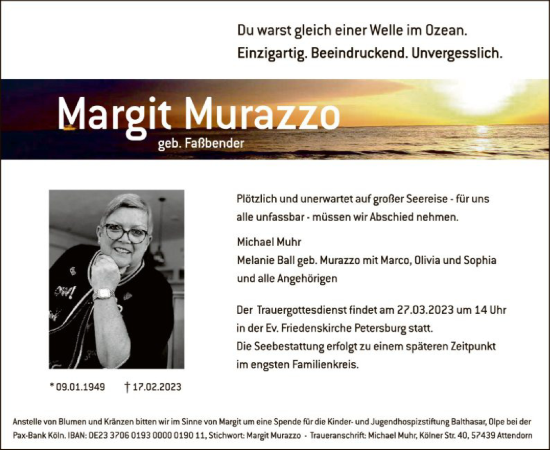 Traueranzeige von Margit Murazzo von WA