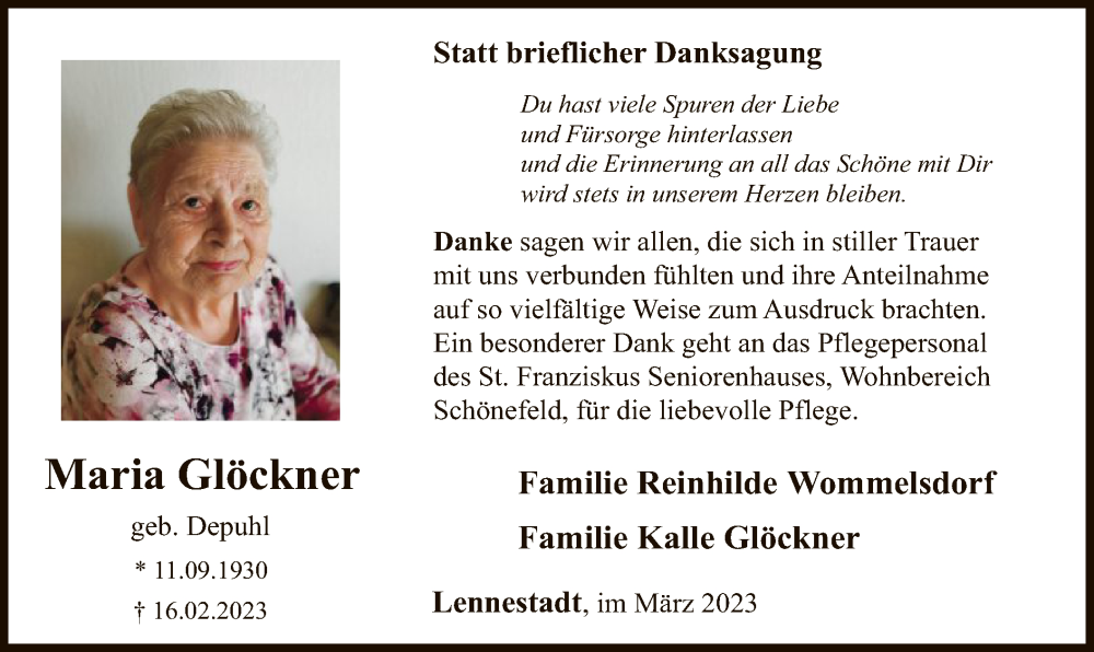  Traueranzeige für Maria Glöckner vom 18.03.2023 aus WA