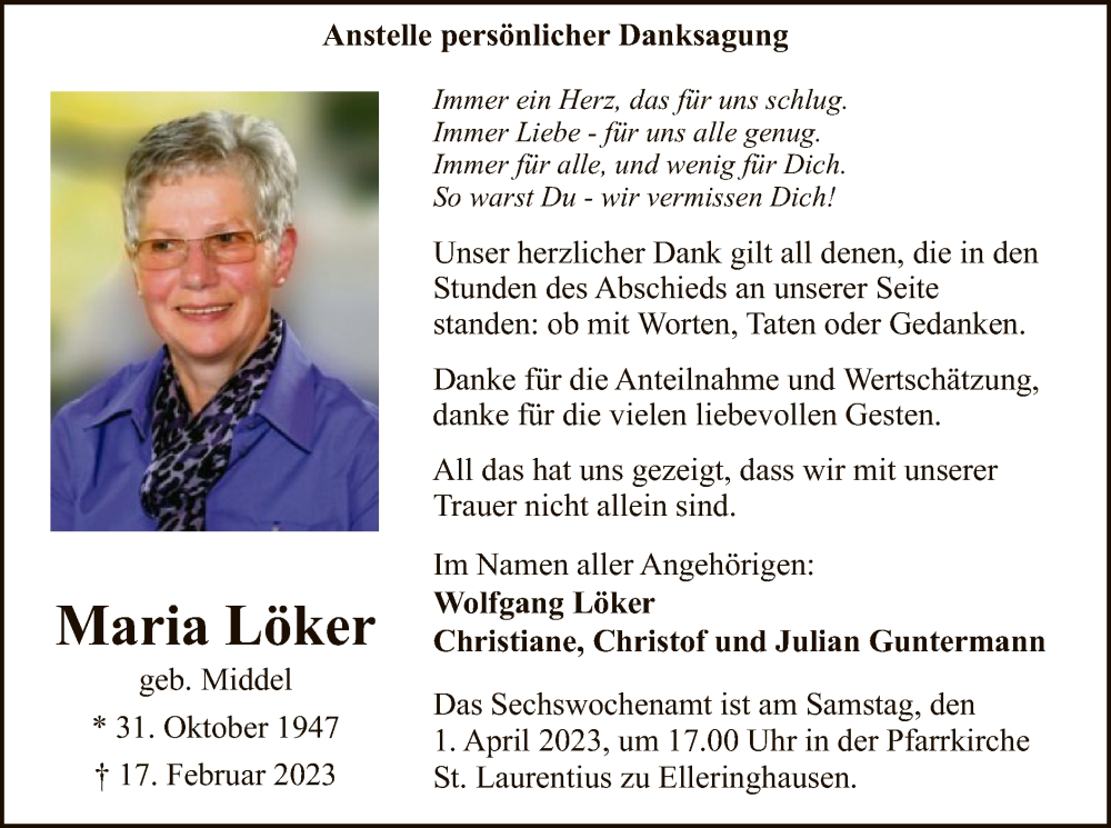  Traueranzeige für Maria Löker vom 25.03.2023 aus WA