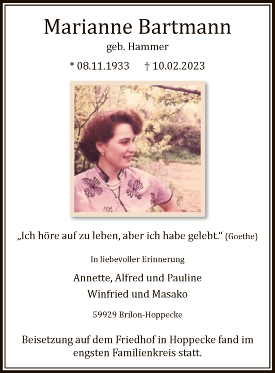 Traueranzeige von Marianne Bartmann von WA