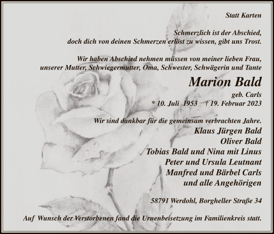 Traueranzeige von Marion Bald von WA