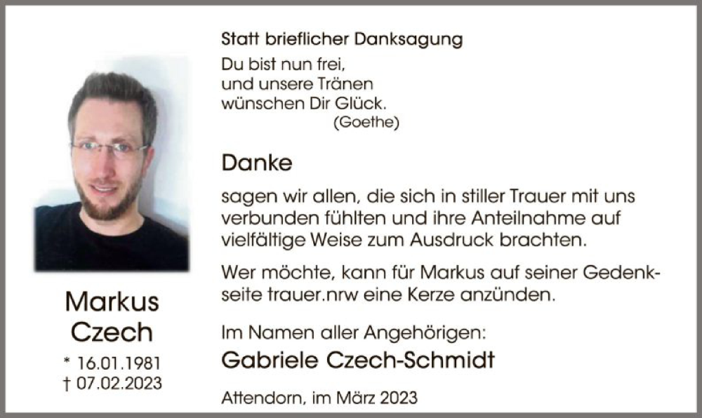  Traueranzeige für Markus Czech vom 04.03.2023 aus WA