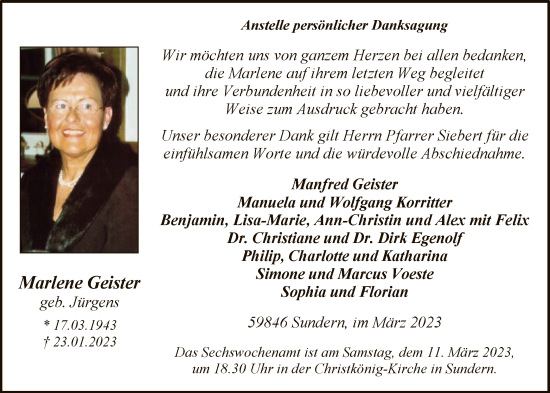 Traueranzeige von Marlene Geister von WA