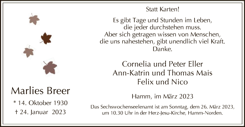  Traueranzeige für Marlies Breer vom 04.03.2023 aus WA