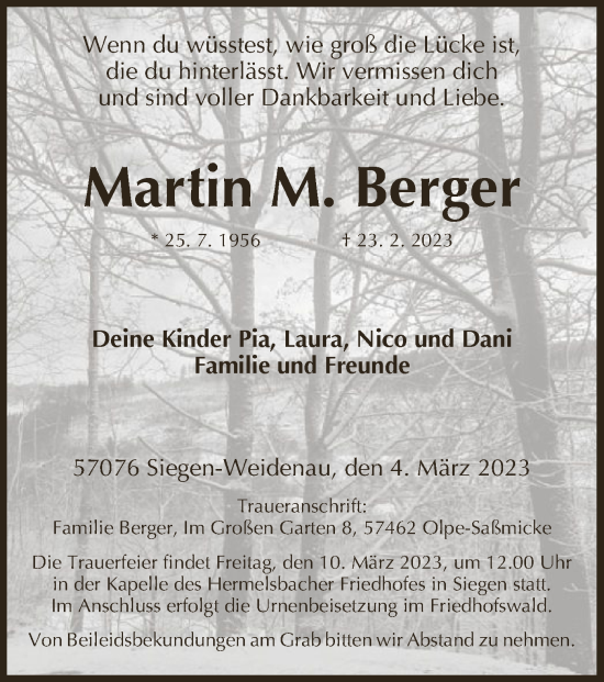 Traueranzeige von Martin M. Berger von WA