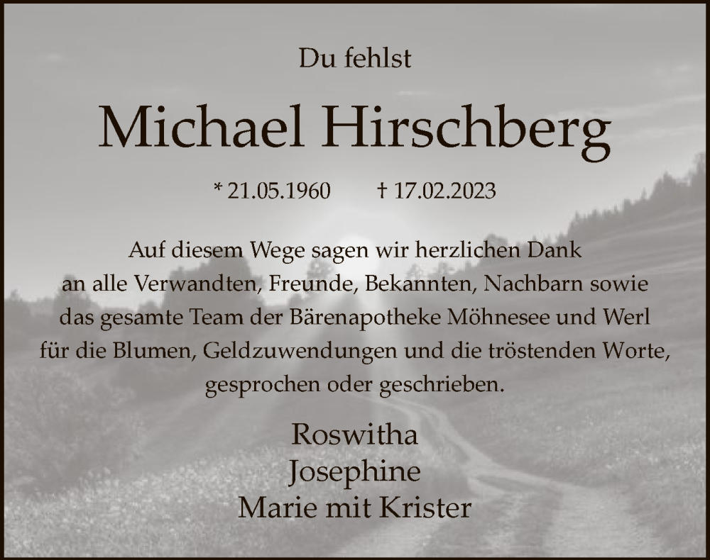  Traueranzeige für Michael Hirschberg vom 25.03.2023 aus WA