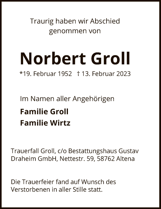 Traueranzeige von Norbert Groll von WA