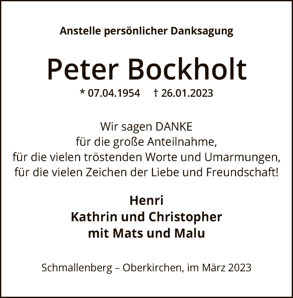 Traueranzeige für Peter Bockholt vom 18.03.2023 aus WA