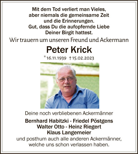 Traueranzeige von Peter Krick von WA