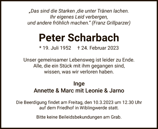 Traueranzeige von Peter Scharbach von WA