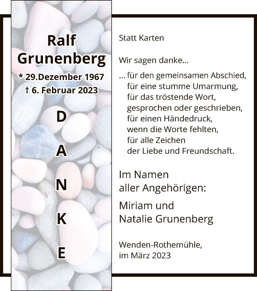  Traueranzeige für Ralf Grunenberg vom 18.03.2023 aus WA