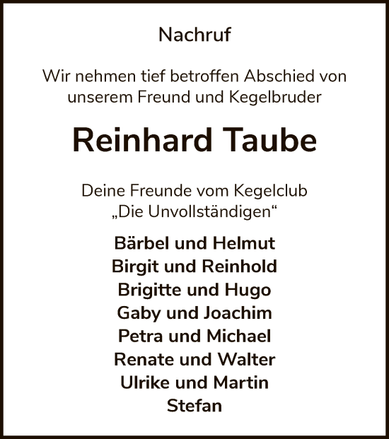 Traueranzeige von Reinhard Taube von WA