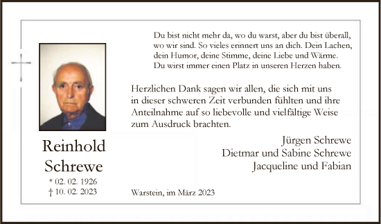 Traueranzeige von Reinhold Schrewe von WA