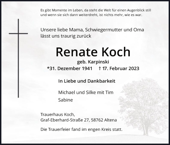 Traueranzeige von Renate Koch von WA
