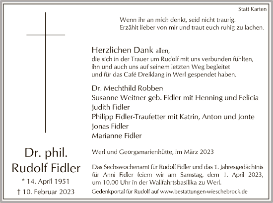 Traueranzeige von Rudolf Fidler von WA
