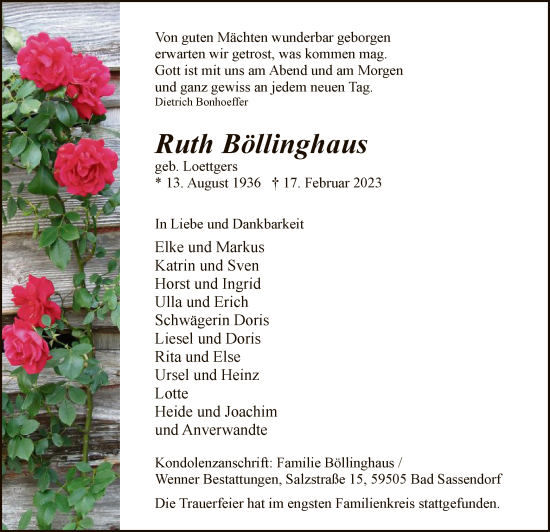 Traueranzeige von Ruth Böllinghaus von WA