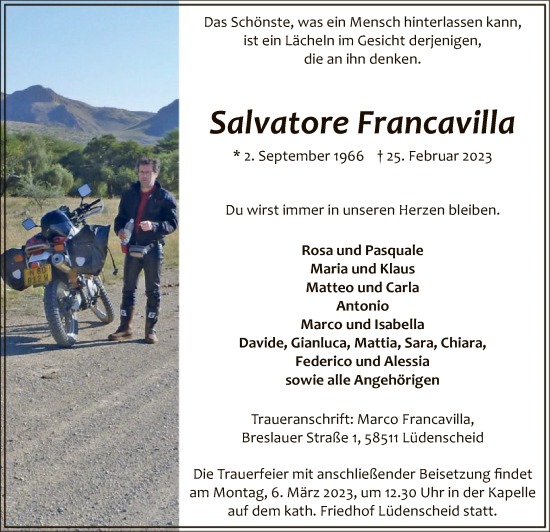 Traueranzeige von Salvatore Francavilla von WA