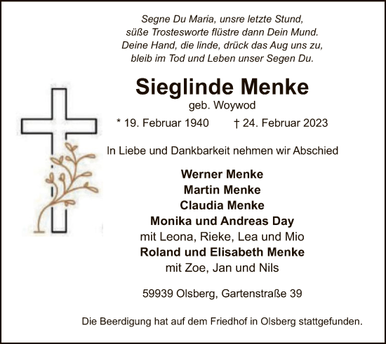Traueranzeige von Sieglinde Menke von WA