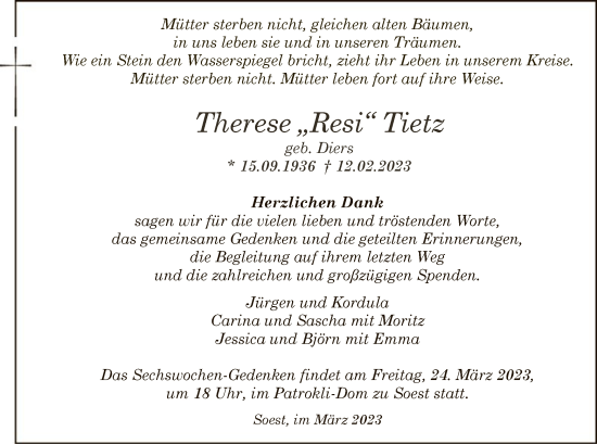 Traueranzeige von Therese Tietz von WA