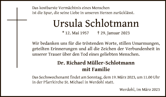 Traueranzeige von Ursula Schlotmann von WA