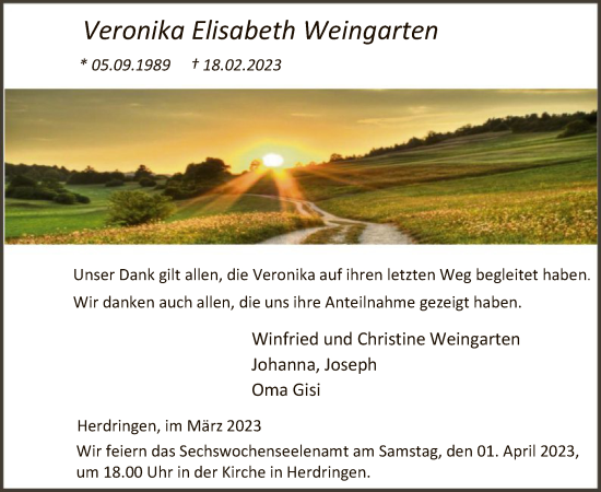 Traueranzeige von Veronika Elisabeth Weingarten von WA