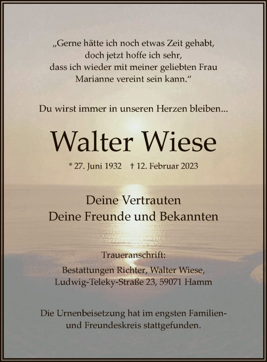 Traueranzeige von Walter Wiese von WA
