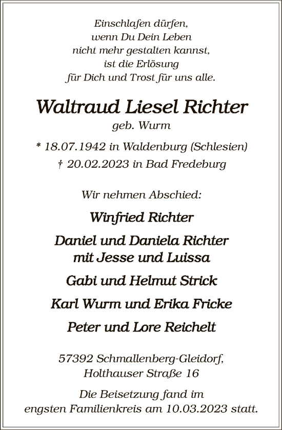 Traueranzeige von Waltraud Liesel Richter von WA