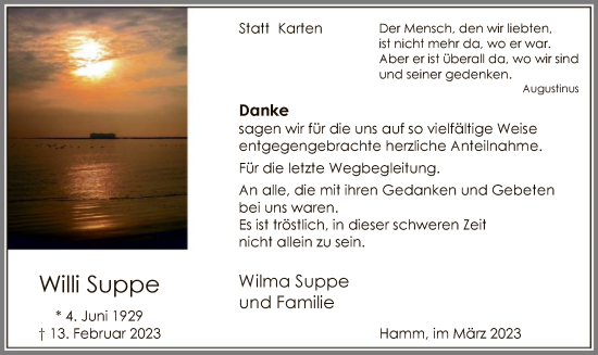 Traueranzeige von Willi Suppe von WA
