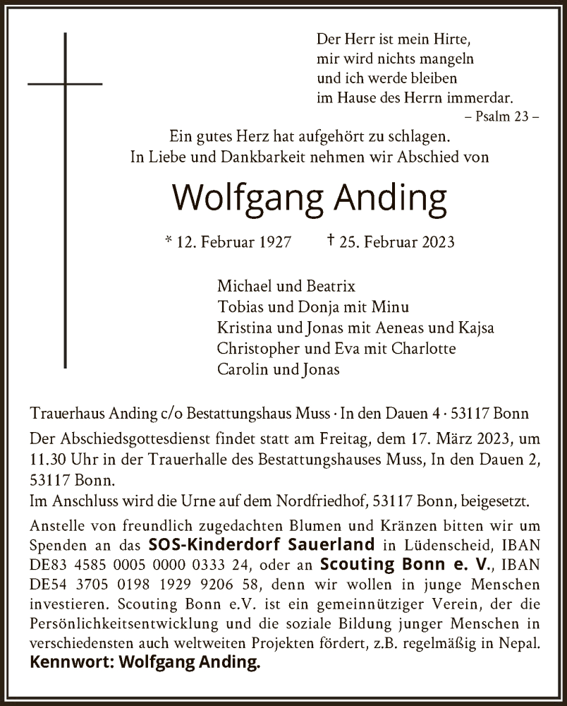  Traueranzeige für Wolfgang Anding vom 11.03.2023 aus WA